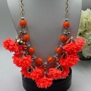 Lilly Pulitzer Tangero Orange Fabric Dangle Flowers Pink‎ Beaded Long Necklace